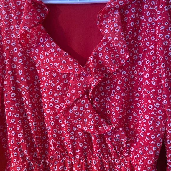 H&M Red Floral Frill Chiffon Dress S - Picture 3 of 6